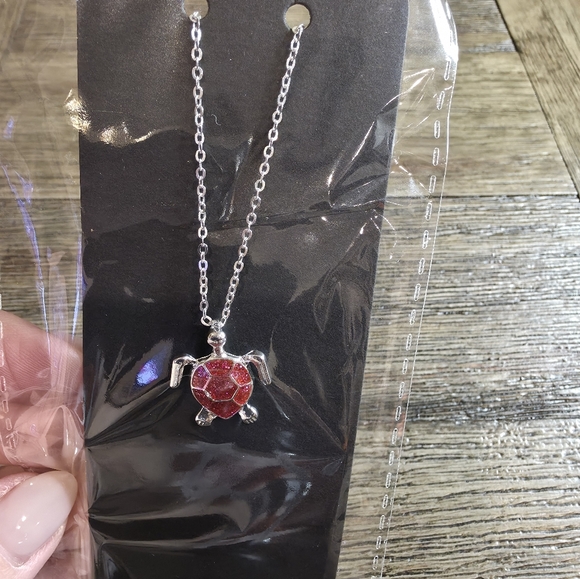 Jewelry - Silver Turtle Pendant Necklace with Red Enamel Shell - Women Jewelry